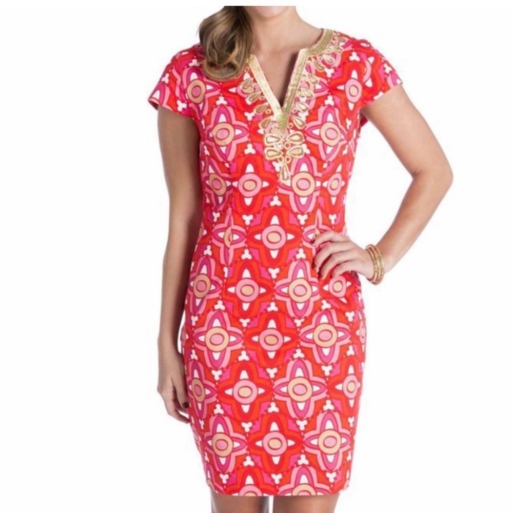 Mud Pie Jackie Red Gold Embroidered Sheath Dress Size Large NWOT